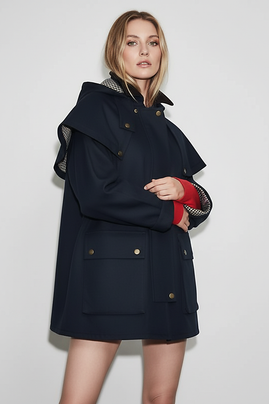 Removable hooded coat, front view, hood up on model.