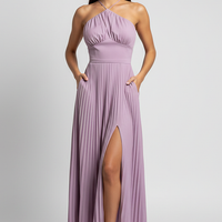 Elegant backless halter maxi dress, front view on model.