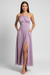 Elegant backless halter maxi dress, front view on model.
