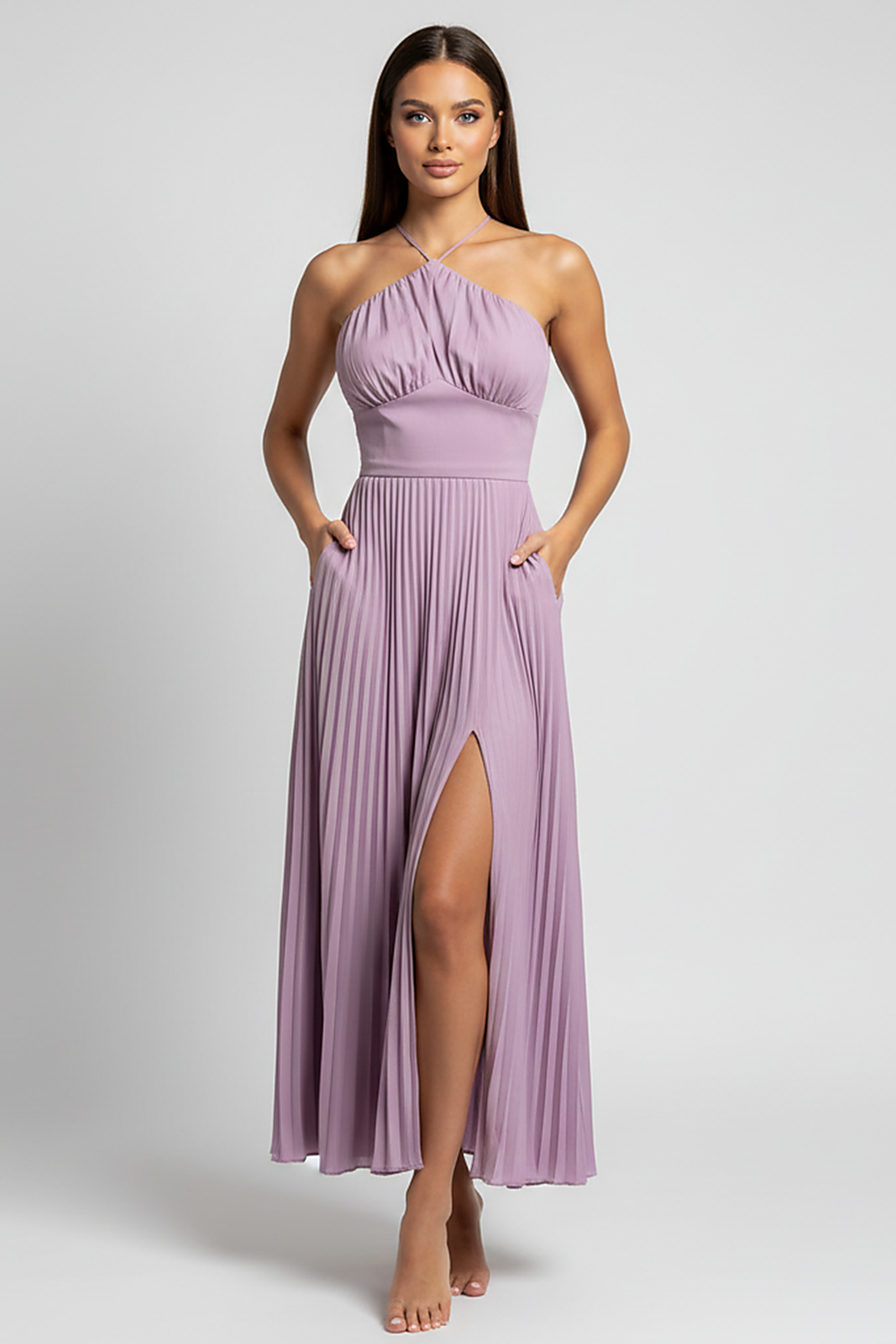 Elegant backless halter maxi dress, front view on model.