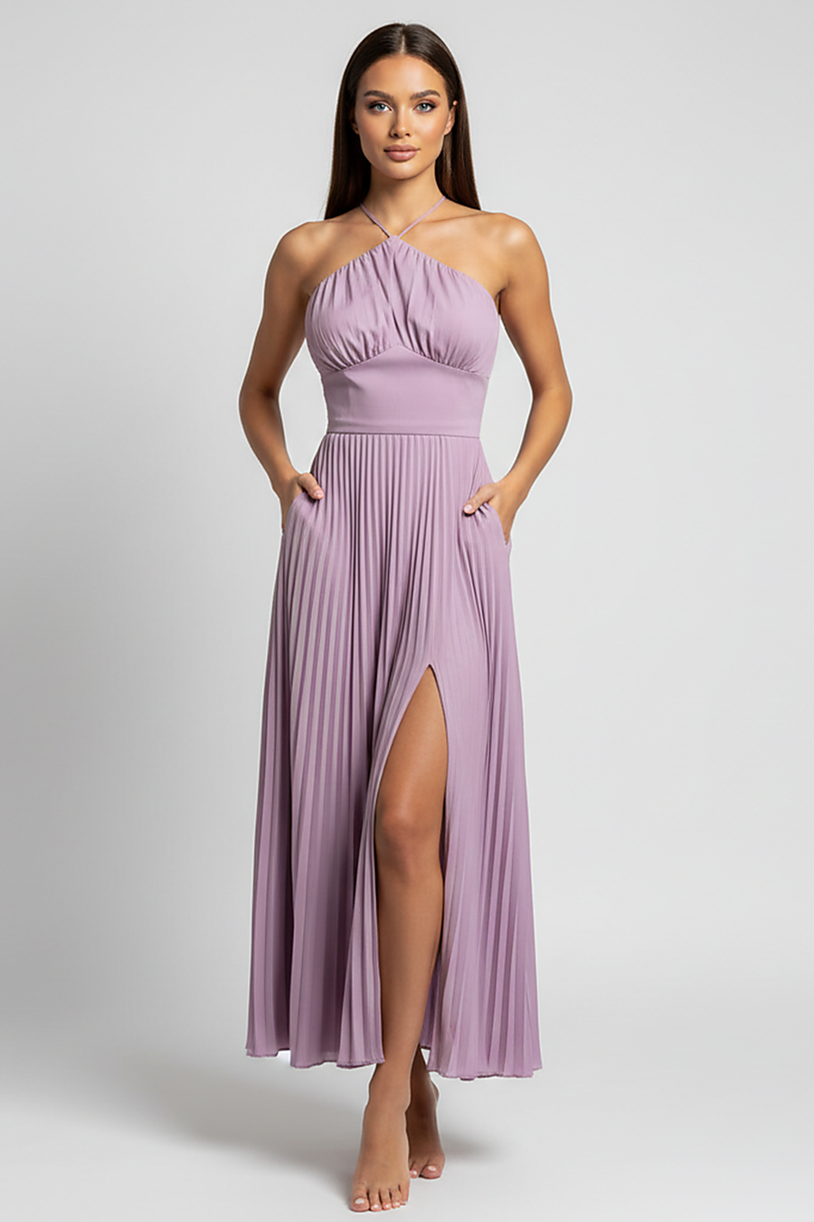 Elegant backless halter maxi dress, front view on model.