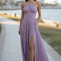 Slim fit backless halter maxi dress, front view on model.