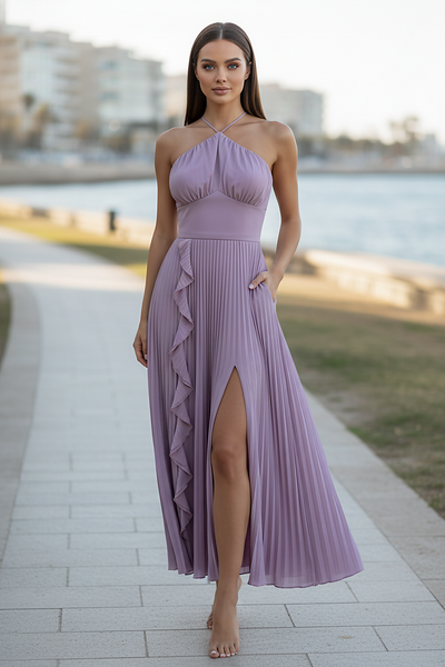 Slim fit backless halter maxi dress, front view on model.