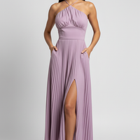 Elegant lace-up halter backless maxi gown, front view on model.