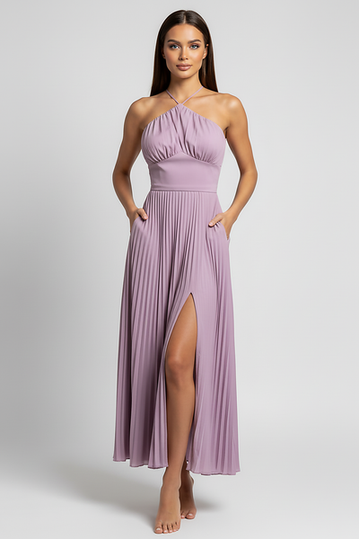 Elegant lace-up halter backless maxi gown, front view on model.