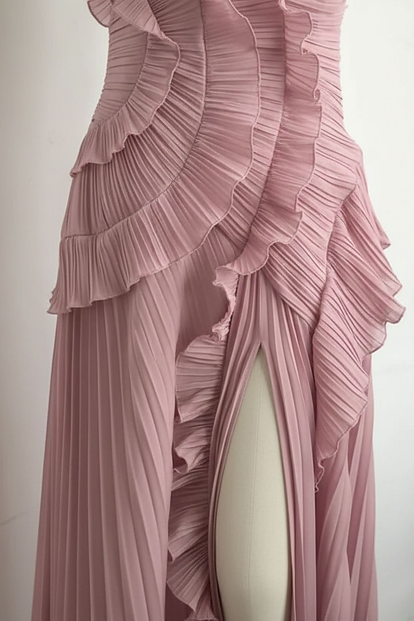 Elegant lotus edge lace-up halter vacation gown, front view on model.