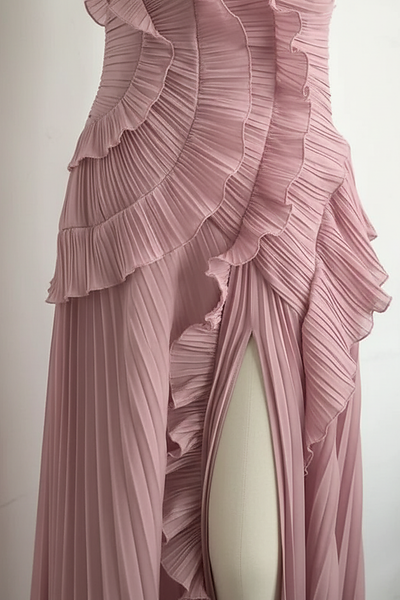 Elegant lotus edge lace-up halter vacation gown, front view on model.