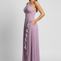 Elegant lotus edge sleeveless slim fit vestidos, front view on model.