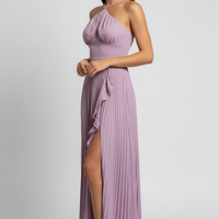 Elegant lotus edge sleeveless backless halter robe, back view on model.