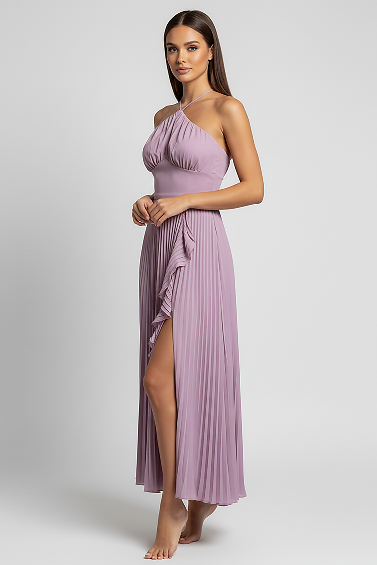 Elegant lotus edge sleeveless backless halter robe, back view on model.