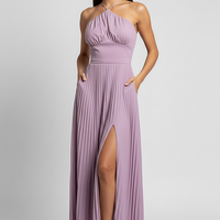 Lotus edge backless halter maxi dress, front view on model.