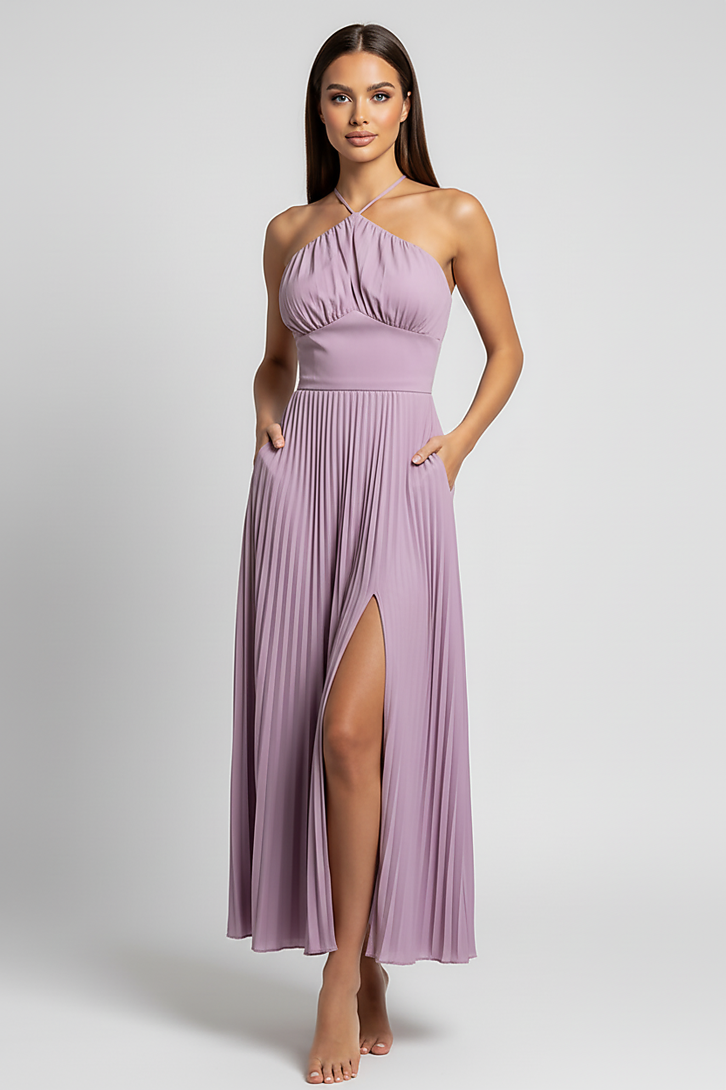 Lotus edge backless halter maxi dress, front view on model.