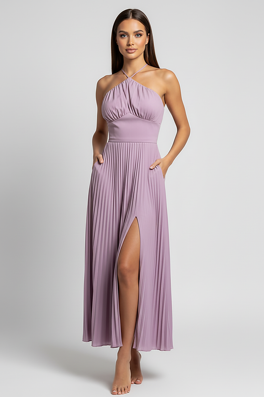 Lotus edge backless halter maxi dress, front view on model.