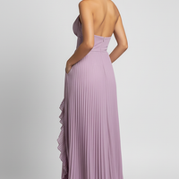 Elegant lotus edge sleeveless party robe, front view on model.