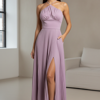 Lotus edge halter backless vacation maxi gown, front view on model.