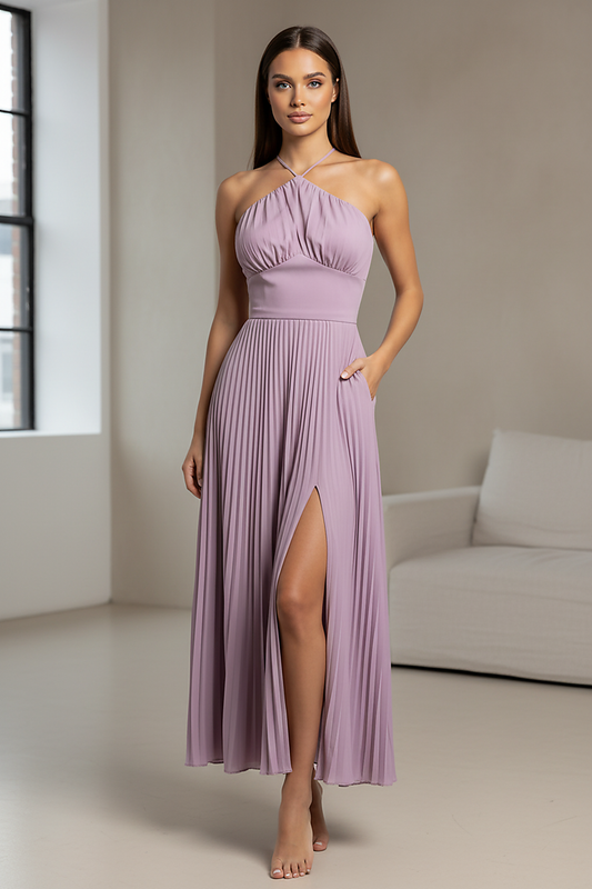 Lotus edge halter backless vacation maxi gown, front view on model.