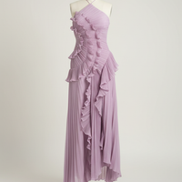 Lotus edge slim fit backless halter vestido, front view on model.