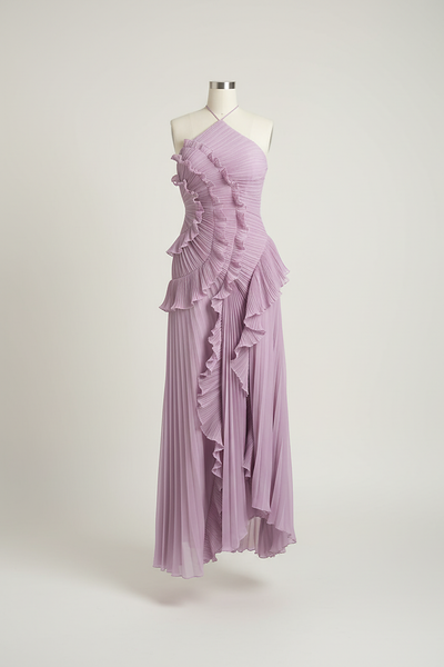 Lotus edge slim fit backless halter vestido, front view on model.