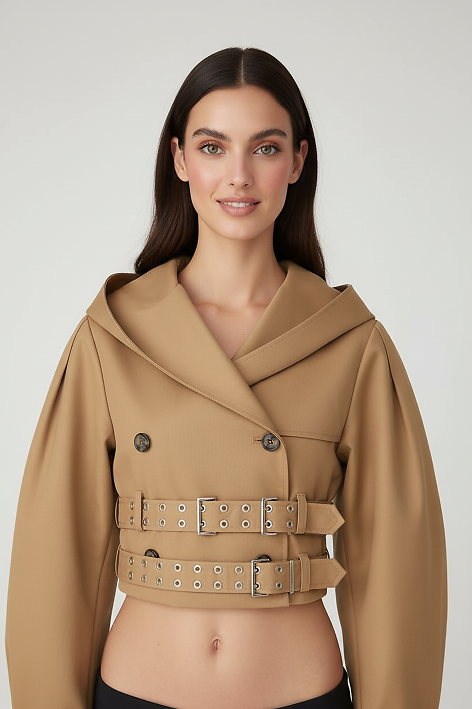 Black hooded crop trench coat, interior lining detail.