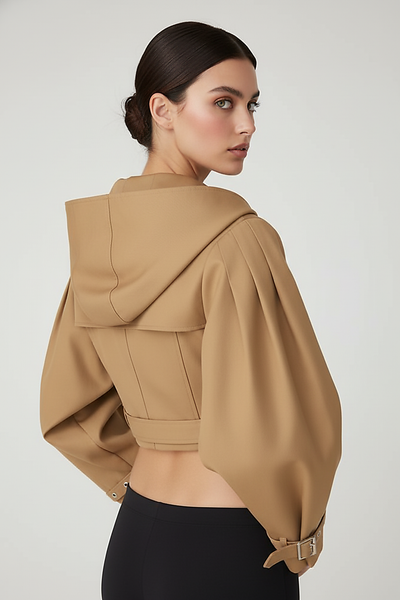 Black hooded crop trench coat, front view, open.