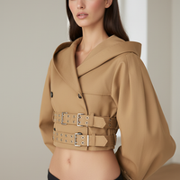 Black hooded crop trench coat, close-up of hood.