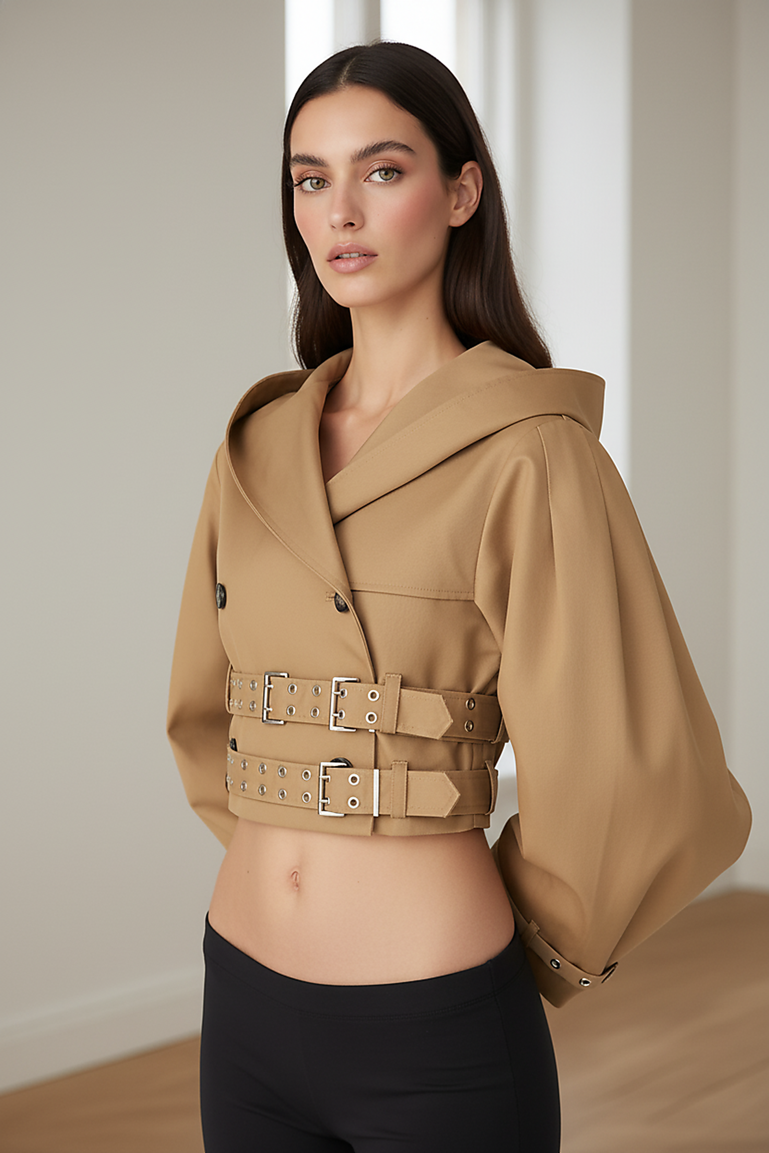 Black hooded crop trench coat, close-up of hood.