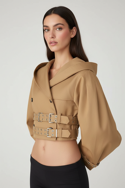 Black hooded crop trench coat, front view on model.