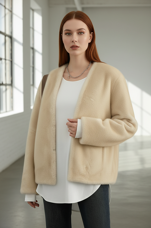 Solid plush coat, fabric detail.