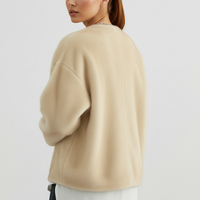 Solid plush coat, side view on model.