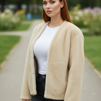 Solid plush coat, V-neck detail.