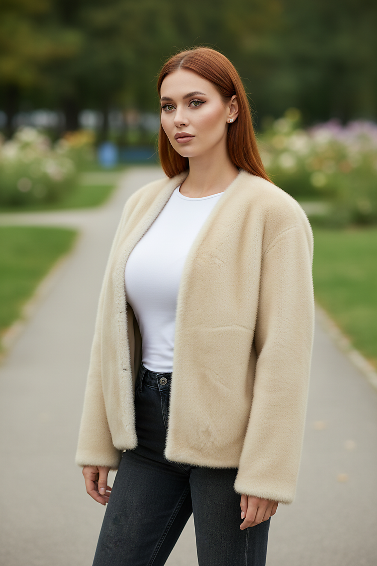 Solid plush coat, V-neck detail.