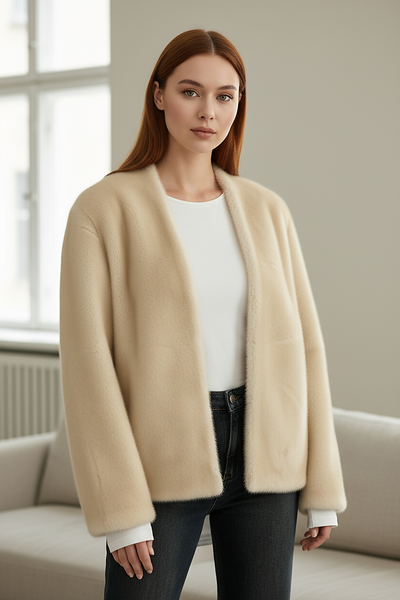 Solid plush coat, pocket detail.
