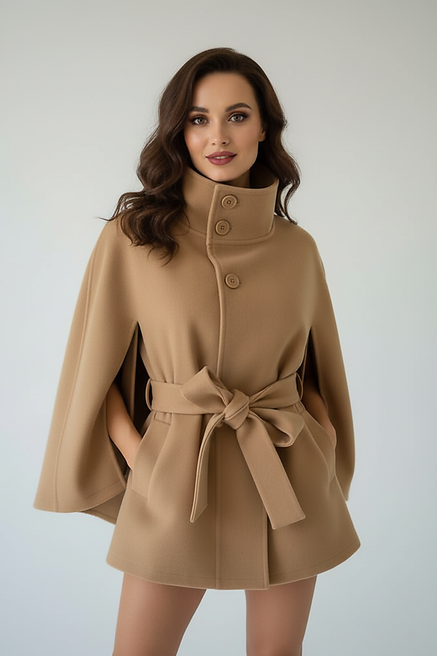 Vintage cape jacket with belt and stand neck detail.