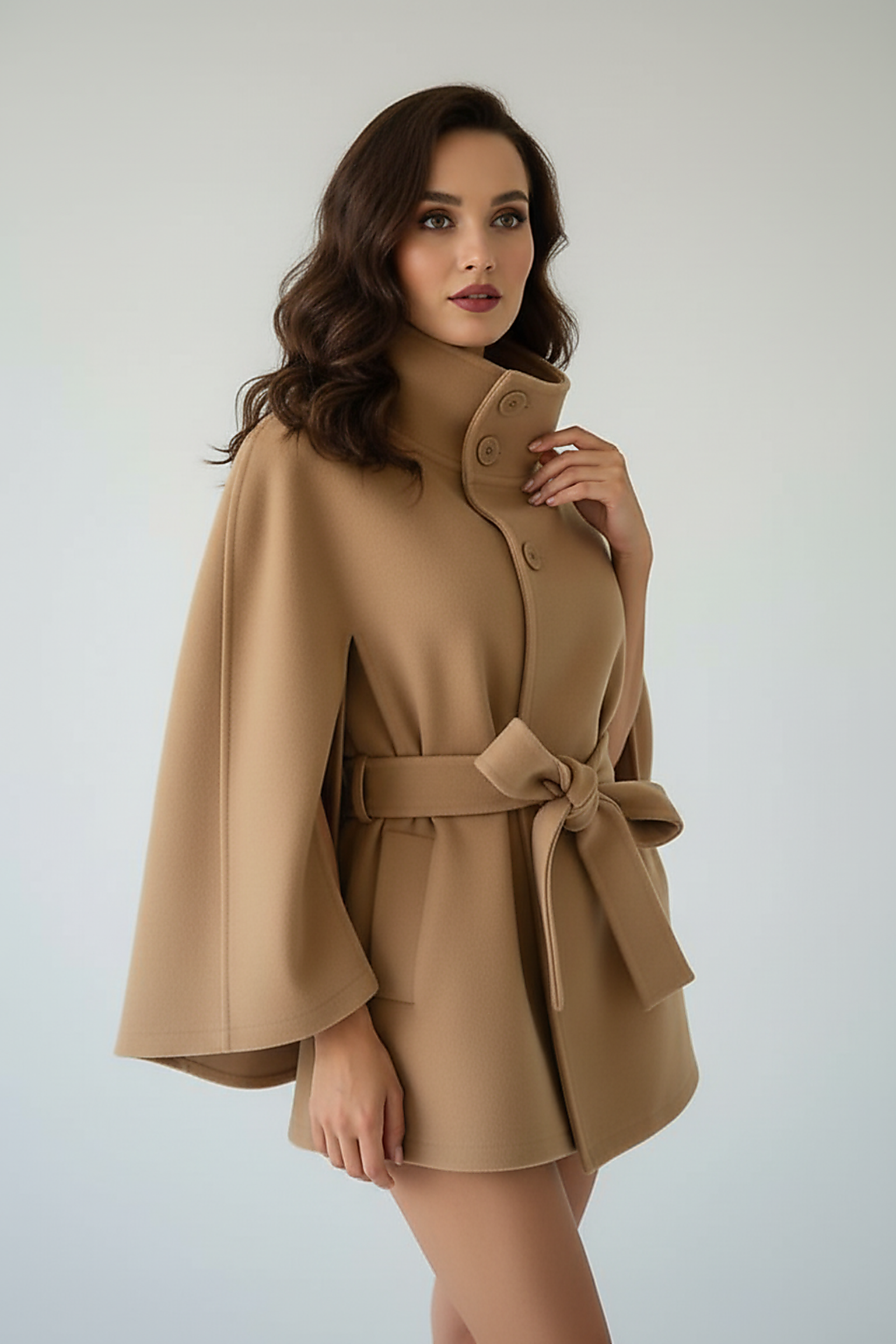 Vintage cape jacket with belt, side view on model.