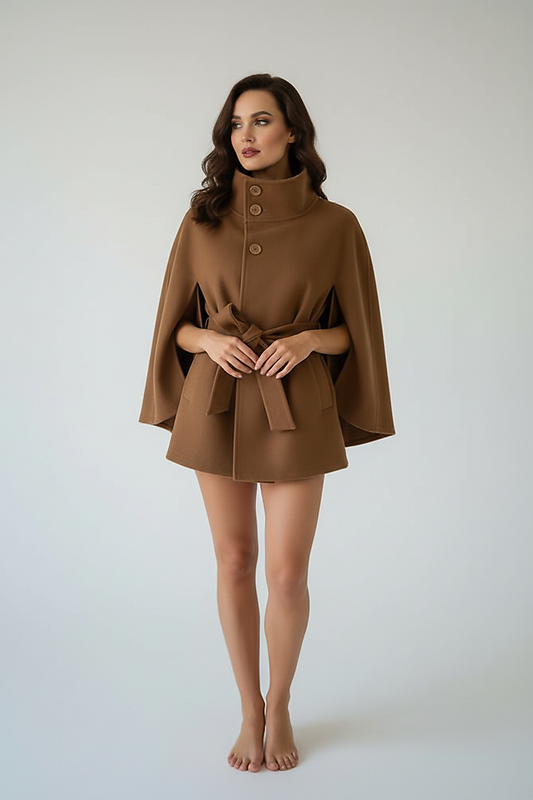 Vintage cape jacket with belt, back view on model.