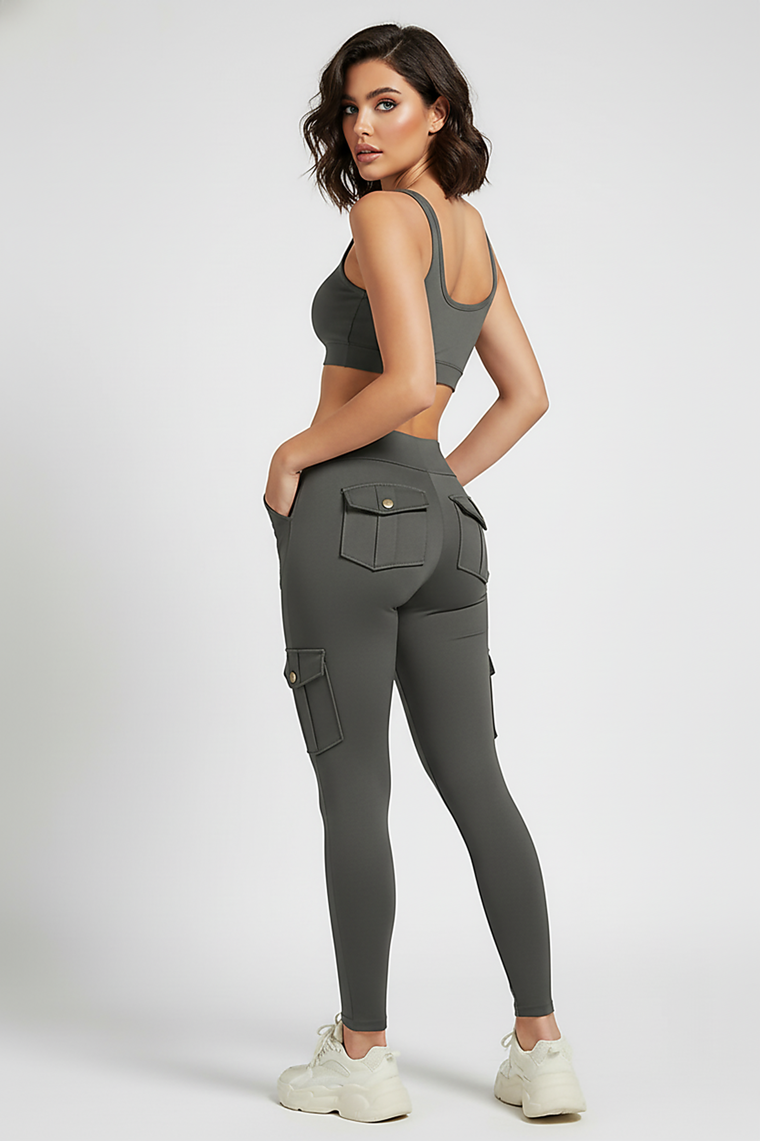 Seamless yoga pant, back view on model.