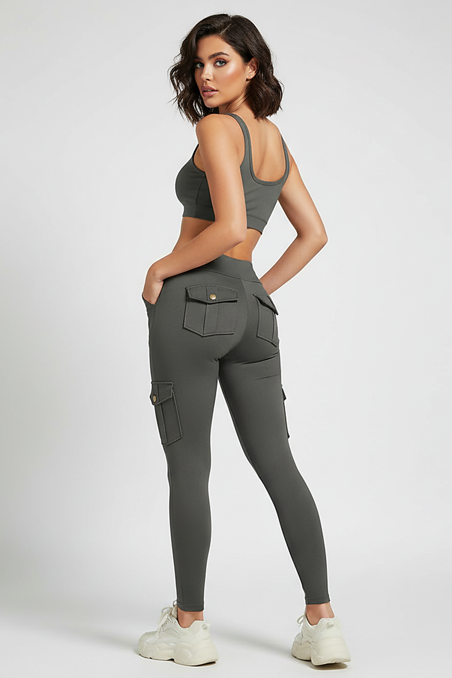 Seamless yoga pant, front view on model.