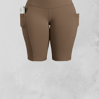 Solid yoga shorts with pockets, alternate angle view on model.