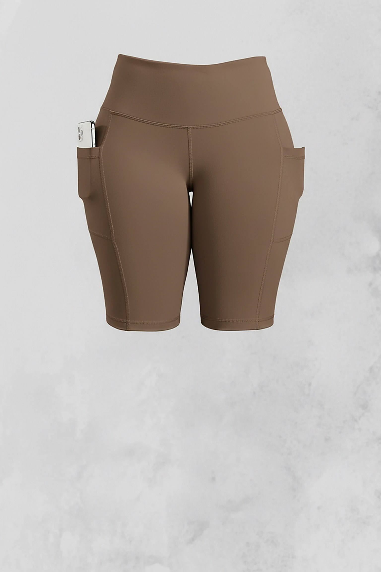 Solid yoga shorts with pockets, alternate angle view on model.