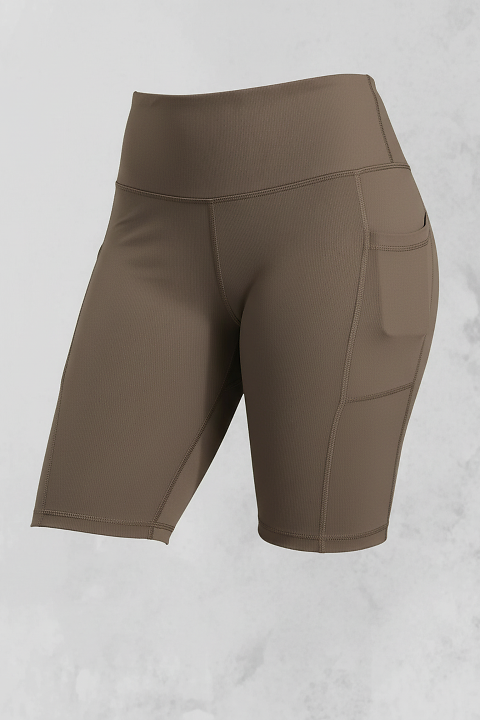 Solid yoga shorts, close-up fabric and pocket detail.