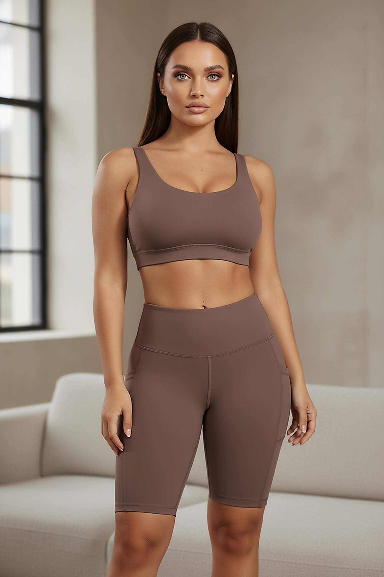 Solid yoga shorts with pockets, indoor lifestyle view on model.