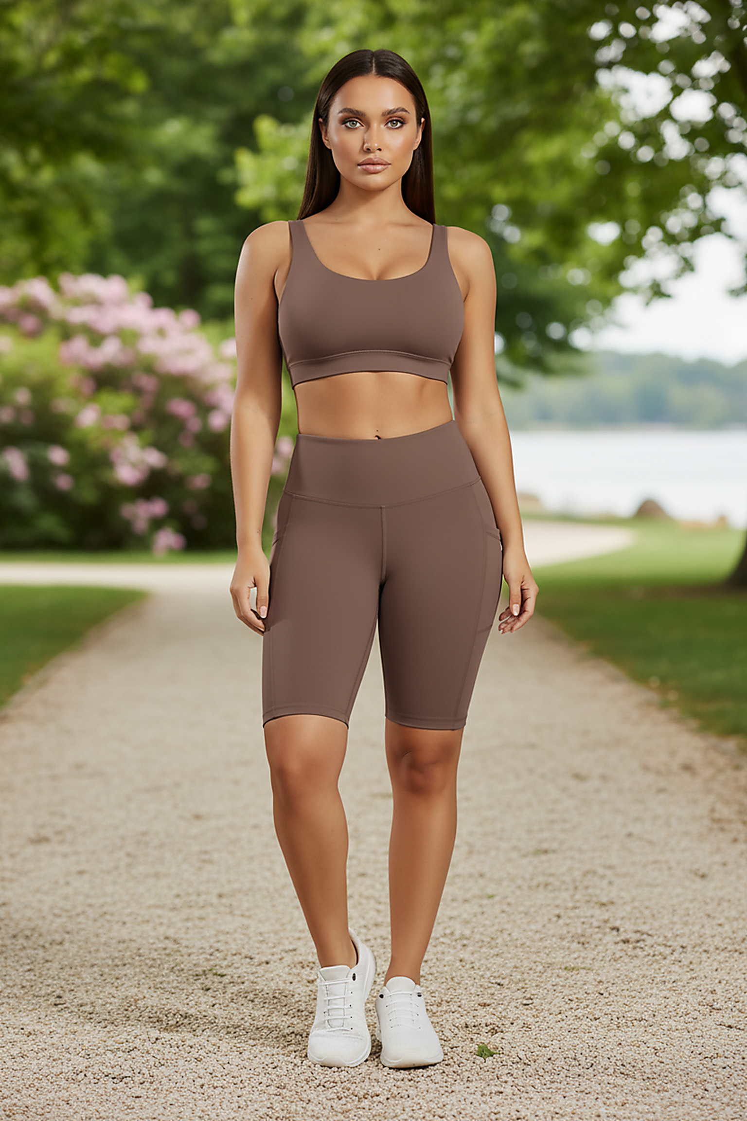 Solid yoga shorts with pockets, outdoor lifestyle view on model.