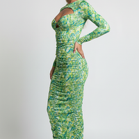 Draped V-neck cutout ruched bodycon maxi dress, front view on model.
