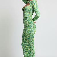 Stacked ruched cutout bodycon long dress, front view on model.