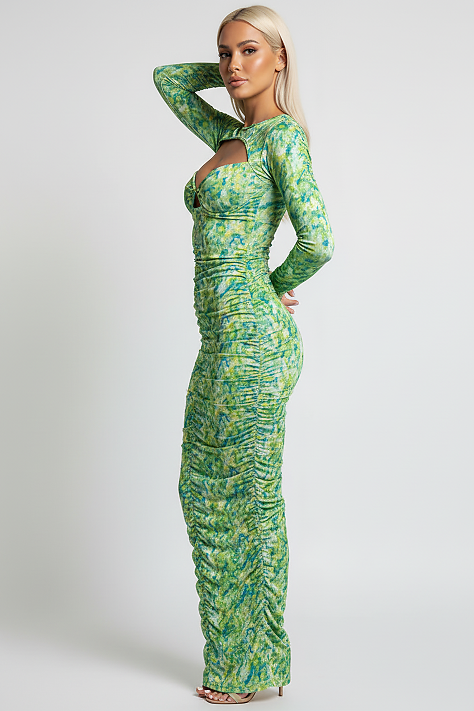 Stacked ruched cutout bodycon long dress, front view on model.