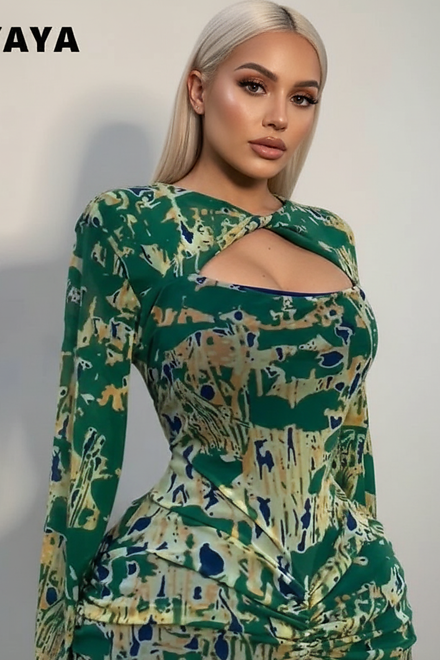 Stacked ruched draped cutout front long dress, front view on model.