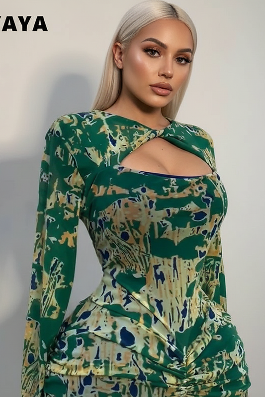 Stacked ruched draped cutout front long dress, front view on model.