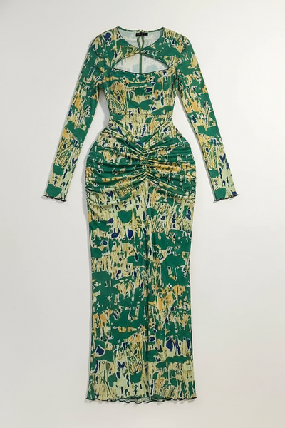 Draped V-Neck Cutout Ruched Bodycon Midi Dress - Thorne & Ivy