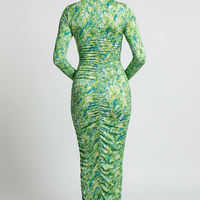 Cutout front stacked ruched midi dress, front view on model.