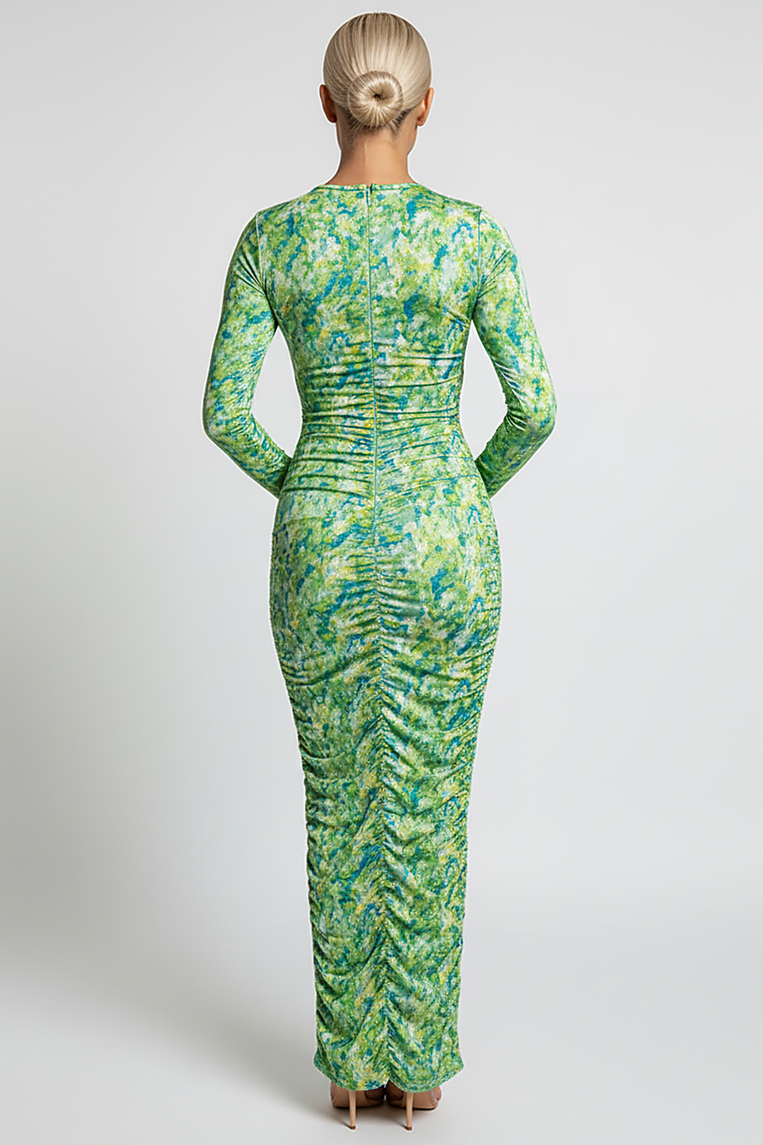 Cutout front stacked ruched midi dress, front view on model.